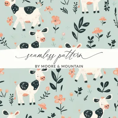 Cow Digital Paper, Floral Seamless Pattern, Farm Animal Background, Cute Digital Download, Nursery Print, Scrapbook Paper, Commercial Use
