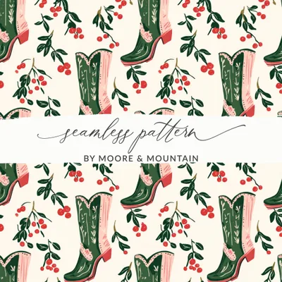 Cowboy Boots Seamless Digital Paper, Western Pattern Digital Download, Cherry Branches, Scrapbook Paper, Fabric Design, Commercial Use
