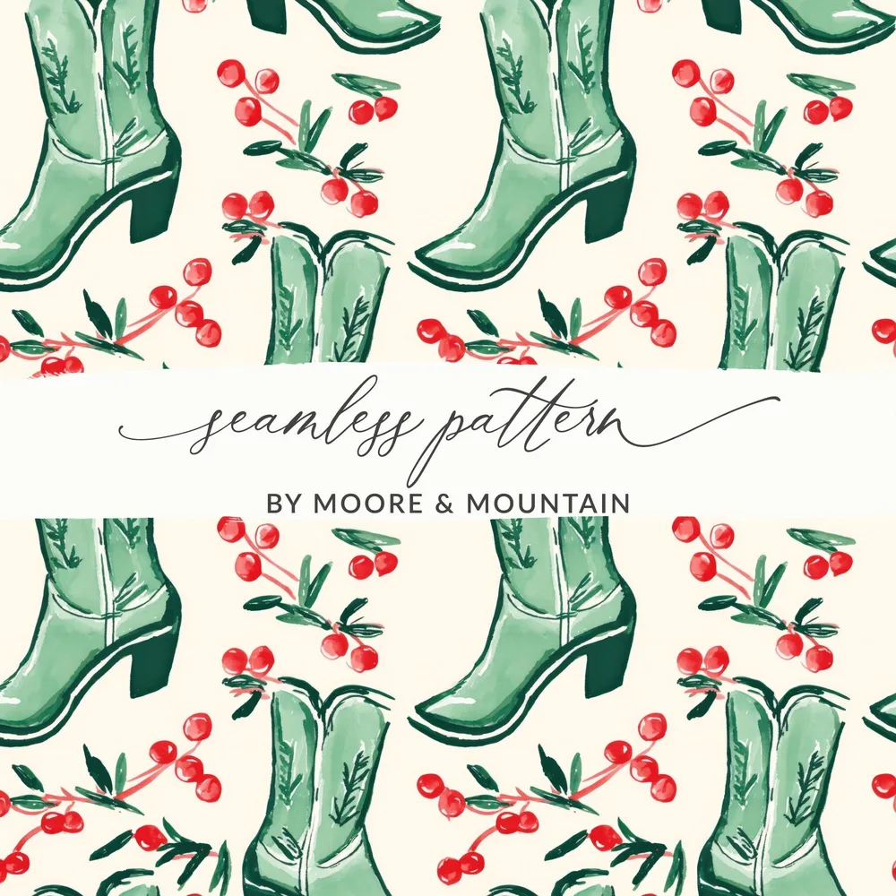 Cowboy Boots Seamless Pattern Digital, Watercolor Boots File, Trendy Western Print, Cherries JPEG Digital, 12x12 Inches - Moore and Mountain