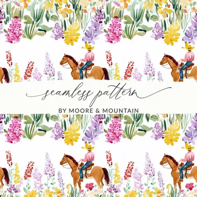 Cowboy Horse Flowers Digital Paper, Watercolor Seamless Pattern, Farmhouse Background, Rustic Floral Fabric Design, Printable Scrapbook