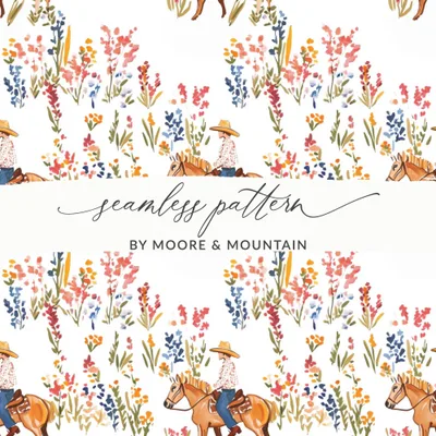 Cowgirl Digital Seamless Pattern, Wildflower Digital Paper, Horse Rider Floral Design, Western Repeat Pattern, Digital Fabric, JPEG Files