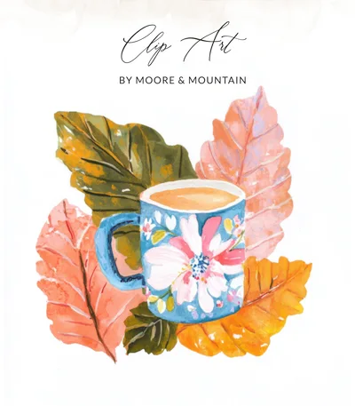 Cozy Fall Coffee Mug PNG Clipart, Watercolor Floral Teacup Digital Download, Cottagecore Autumn Leaves Sublimation Design Graphic