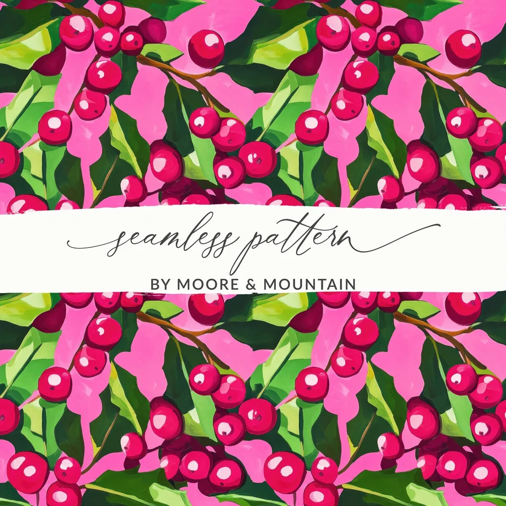 Cranberry Digital Paper, Seamless Pattern, Red Berries, Pink Green Floral, Commercial Use, Digital Download, Digital Scrapbook Paper - Moore and Mountain
