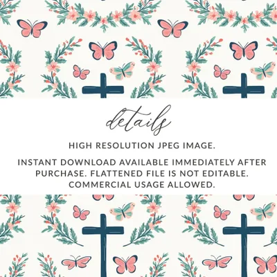 Cross Butterfly Digital Paper, Floral Seamless Pattern, Christian Digital Background, Religious Print, Digital Files for Fabric, Crafts - Moore and Mountain