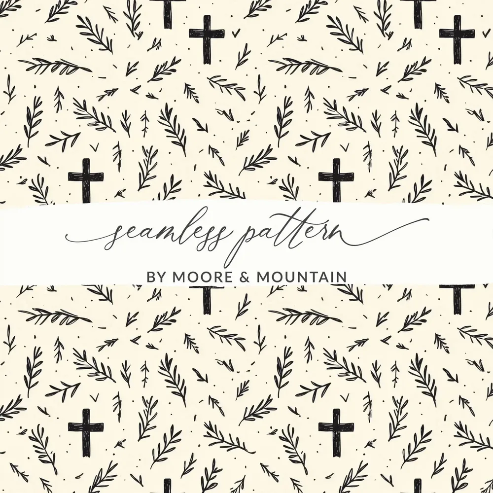 Cross Seamless Pattern, Faith Digital Paper, Religious Background, Christian Digital Printable, Rustic Easter Digital, Leaves Pattern - Moore and Mountain