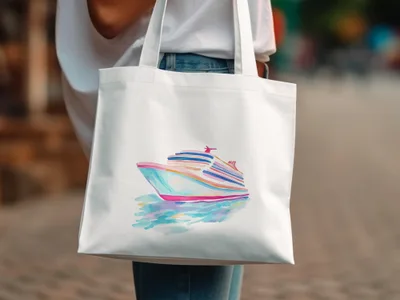 White canvas tote bag with watercolor cruise ship design.