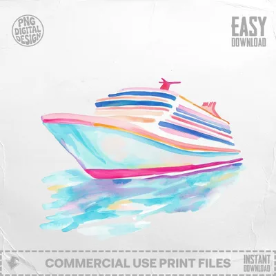 Watercolor cruise ship with colorful stripes on reflective water.