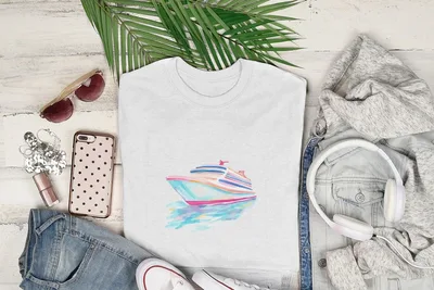 White t-shirt with watercolor cruise ship design, sunglasses, headphones, jeans, and palm frond.