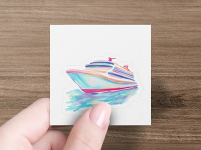 Watercolor cruise ship with colorful stripes sailing on blue water.