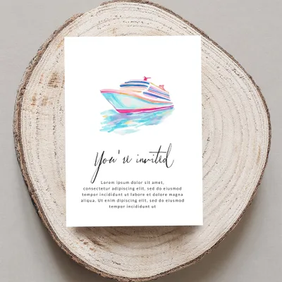 Watercolor cruise ship invitation with "You're invited" text.