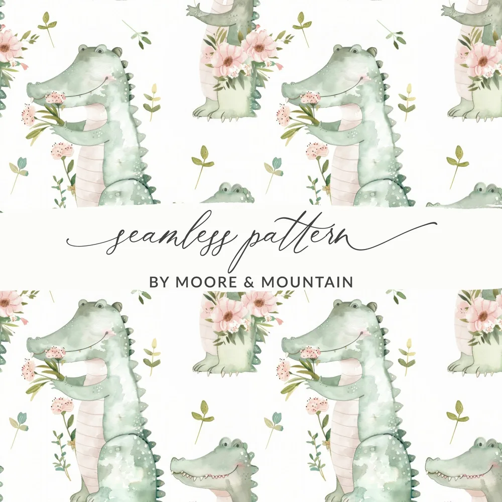Cute Alligator Seamless Pattern, Watercolor Crocodile Fabric Design, Reptile Digital Paper, Nursery Art Print, Floral Gator Download - Moore and Mountain