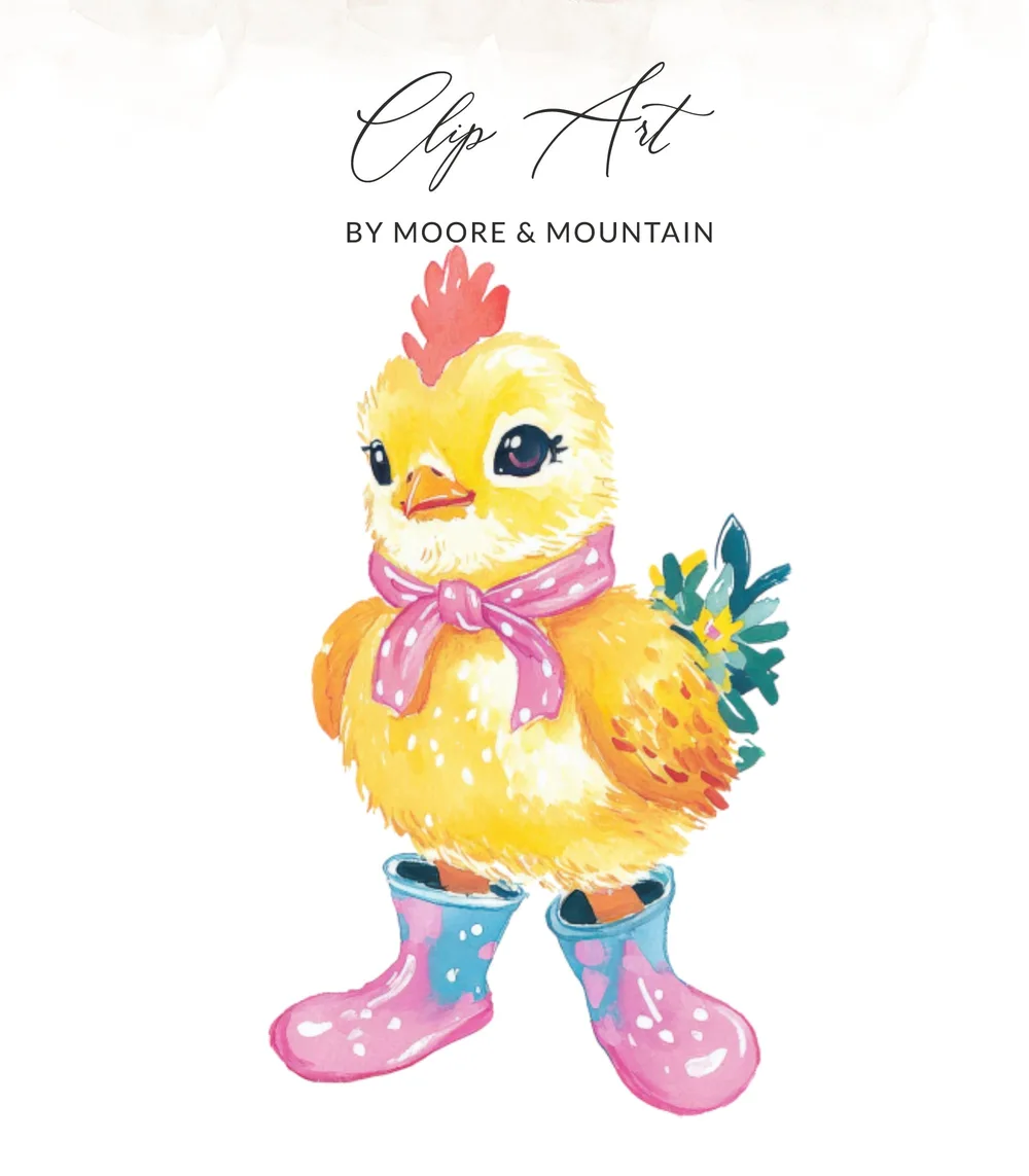 Yellow chick wearing pink scarf and blue boots with flowers.