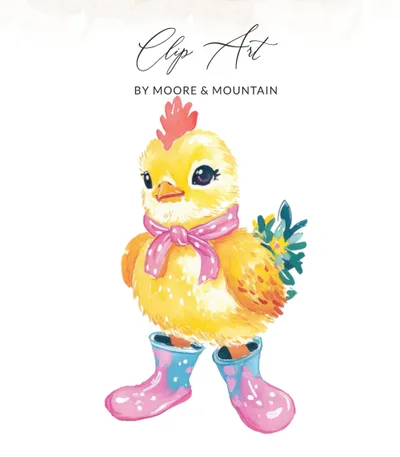 Cute Baby Chick in Rain Boots Digital Download, Watercolor Chicken PNG, SVG Clipart, Pink Bow, Nursery Decor, Spring Farm Animal Art
