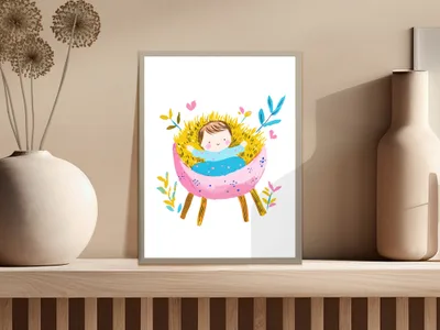 Illustration of a baby sleeping in a pink crib with hearts and flowers.