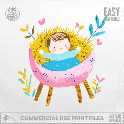 Baby in a pink manger with straw, surrounded by colorful leaves and hearts.