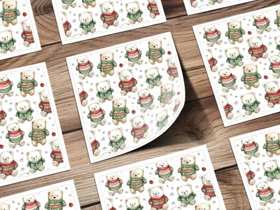 Cute Bear Christmas Seamless Pattern Digital, Holiday Sweater Teddy Bear Digital Paper, Festive Ornament Watercolor Animal Background - Moore and Mountain
