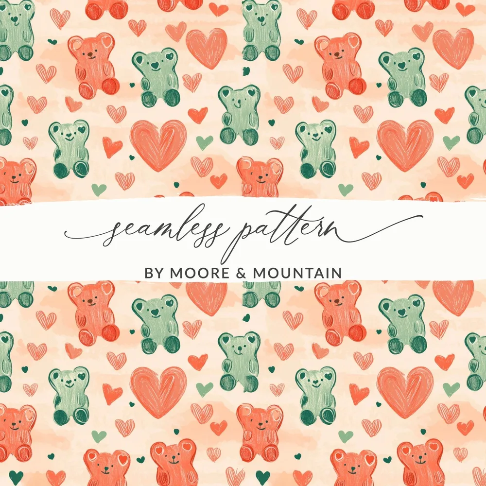 Cute Bears Heart Seamless Pattern Digital, Valentines Day, Scrapbook Paper, Fabric Design, Kids Room Decor, Commercial Use - Moore and Mountain