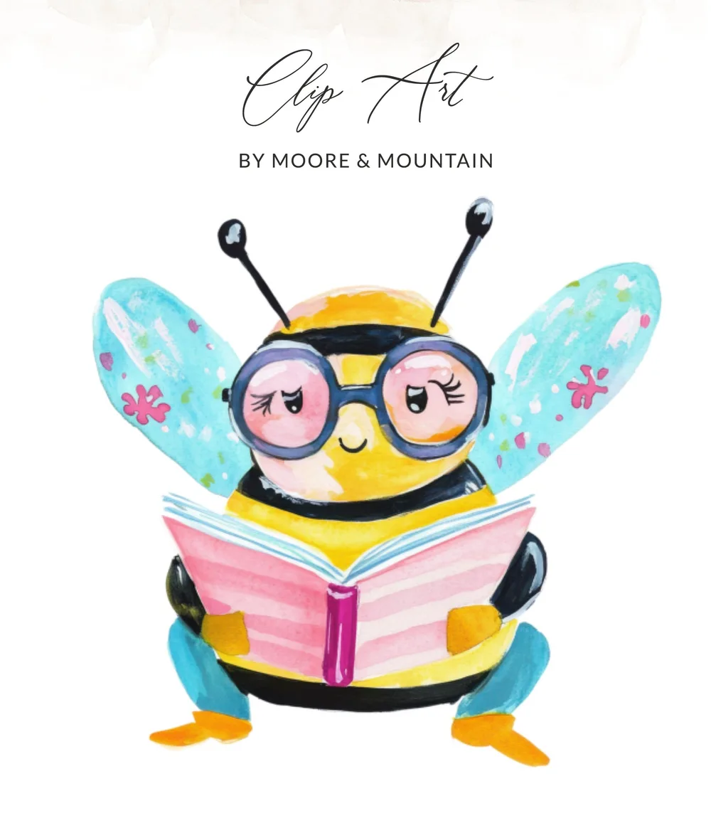 Cartoon bee wearing glasses reads a book with colorful wings.
