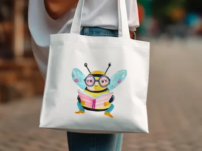 White tote bag with cartoon bee wearing glasses and reading a book.