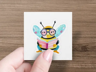 Cartoon bee wearing glasses reads an open book.