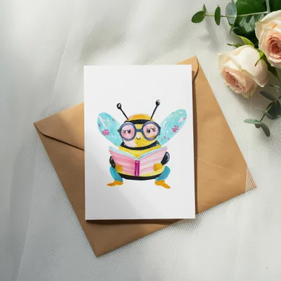 Card with a cartoon bee wearing glasses reading a book.