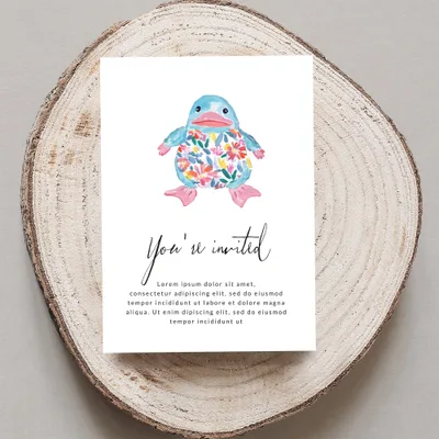Invitation with colorful bird illustration, "You're invited" text, and placeholder copy.