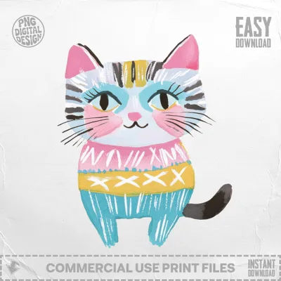 Hand-drawn cat wearing a striped sweater, "Easy Download" and "Commercial Use Print Files" text.