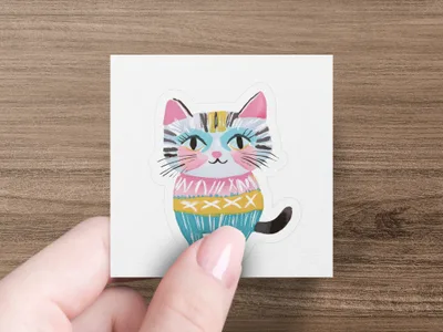 Cartoon cat wearing glasses and a colorful sweater on a white square sticker.