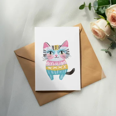 Card with a watercolor illustration of a colorful cat sitting on a brown envelope.