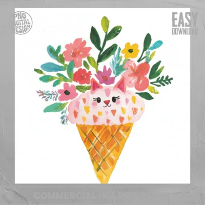 Watercolor ice cream cone with cat face and floral topping.