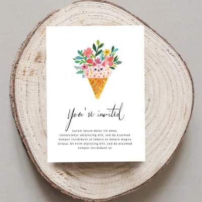 Invitation with floral ice cream cone and "You're invited" text.