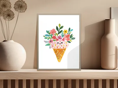 Watercolor painting of a cat-shaped ice cream cone with flowers in a cone.