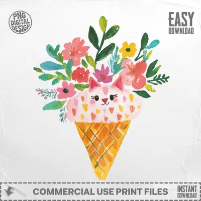 Watercolor ice cream cone topped with a cat face and floral bouquet.