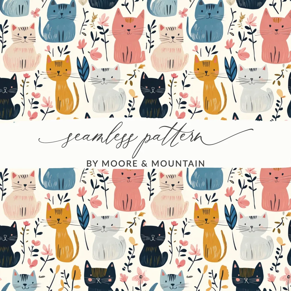 Cute Cat Pattern, Seamless Pattern Digital, Floral Cat Print, Cat Lover Gift, Colorful Cat Design, Kitten Pattern Repeat, Digital Download - Moore and Mountain