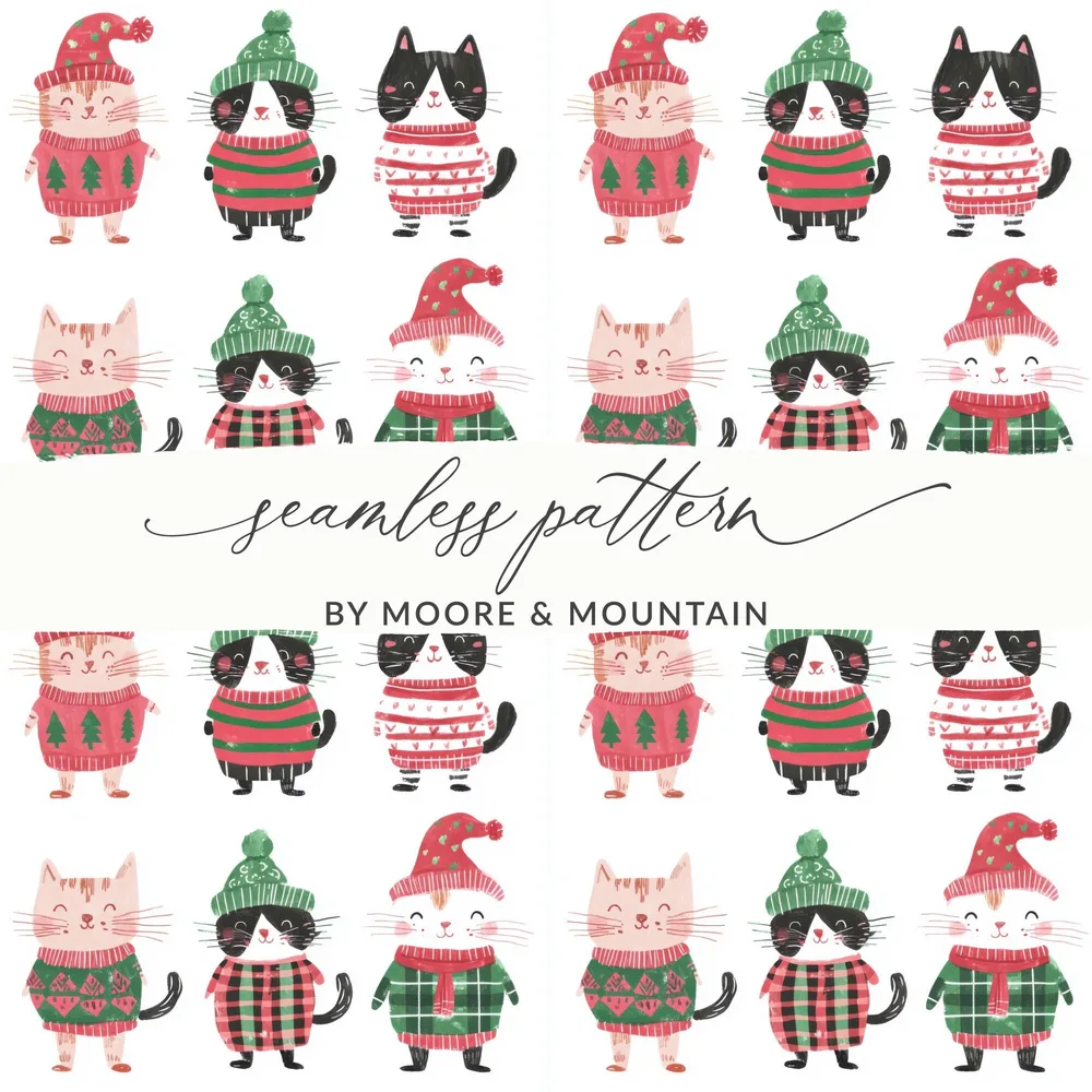 Cute Cats Wearing Winter Clothes Seamless Repeat Pattern Digital, Funny Christmas Background - Moore and Mountain