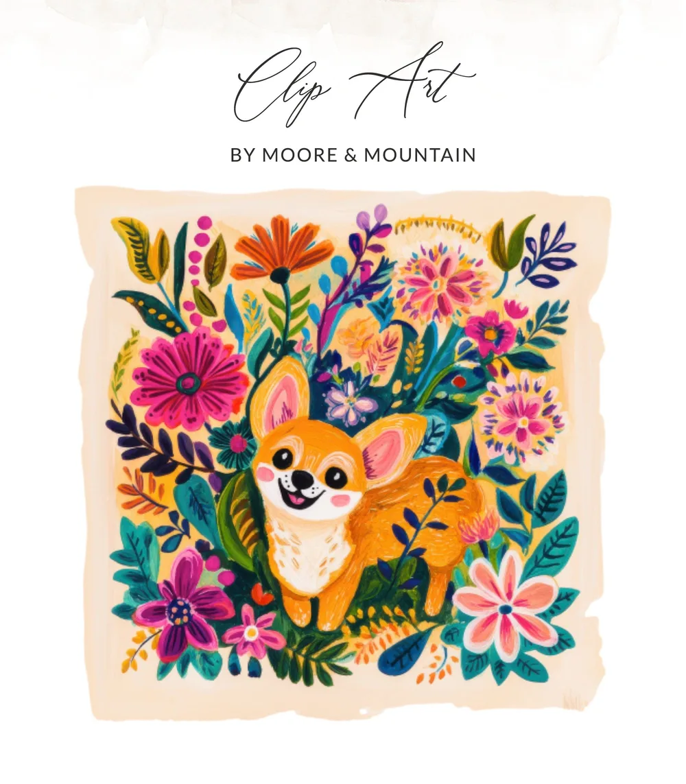 Charming corgi illustration surrounded by colorful wildflowers and foliage.