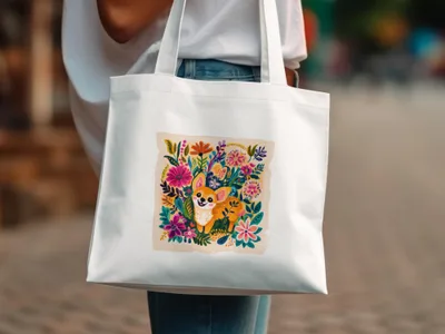 White canvas tote bag with a colorful floral design featuring a happy corgi.
