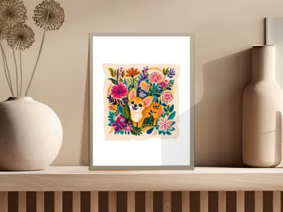Chihuahua surrounded by colorful flowers in a framed illustration.