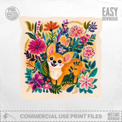 Chihuahua dog surrounded by colorful flowers, illustration.