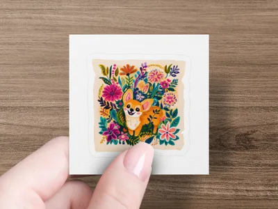 Corgi surrounded by colorful flowers and foliage.