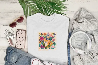 White t-shirt with corgi and flowers graphic, styled with jeans, headphones, and sunglasses.