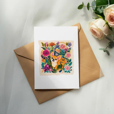 Card with cheerful corgi and floral illustration on brown envelope.