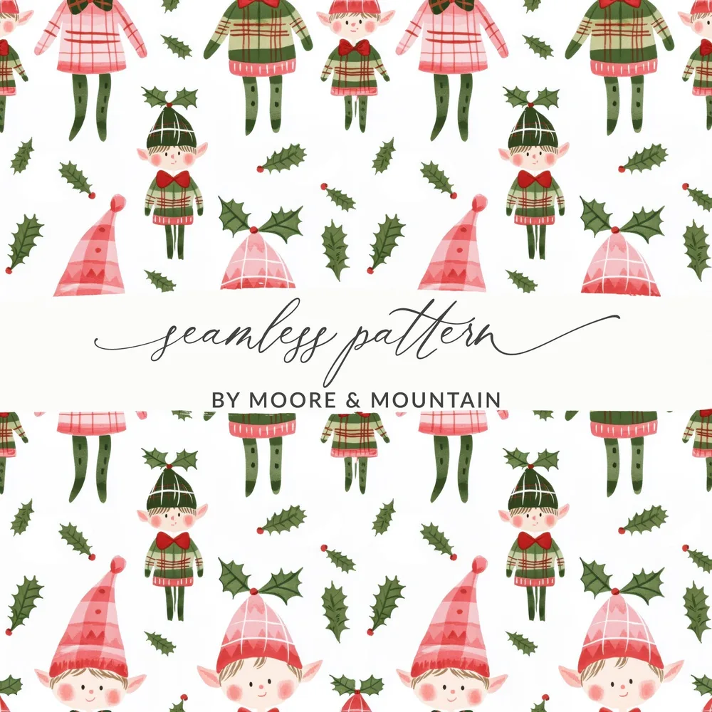 Cute Christmas Elves On White Pattern Digital Product - Moore and Mountain
