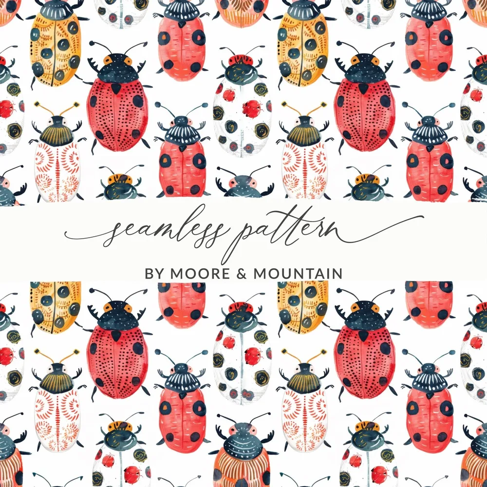 Cute Colorful Beetle and Ladybug Pattern Digital Download |Seamless Bugs Pattern JPEG - Moore and Mountain