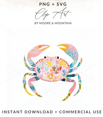 Colorful floral crab illustration with "Clip Art" and "Instant Download" text.