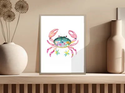 Watercolor painting of a colorful crab with starfish on a shelf.