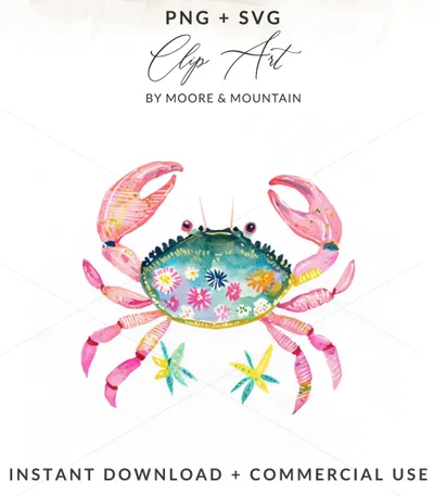Watercolor crab with floral designs and starfish, instant download.