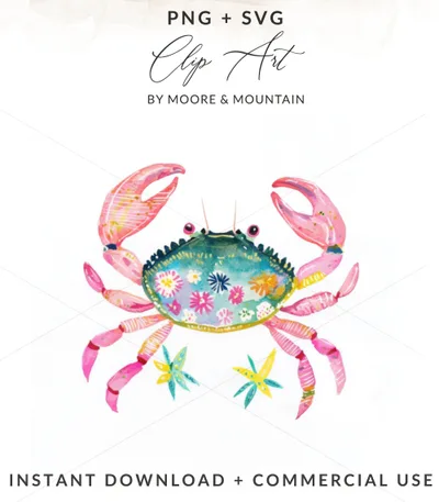 Cute Crab Illustration, Colorful Ocean Graphic, Trendy Summer Sticker, Printable Sticker File, Preppy Beach Clipart Digital