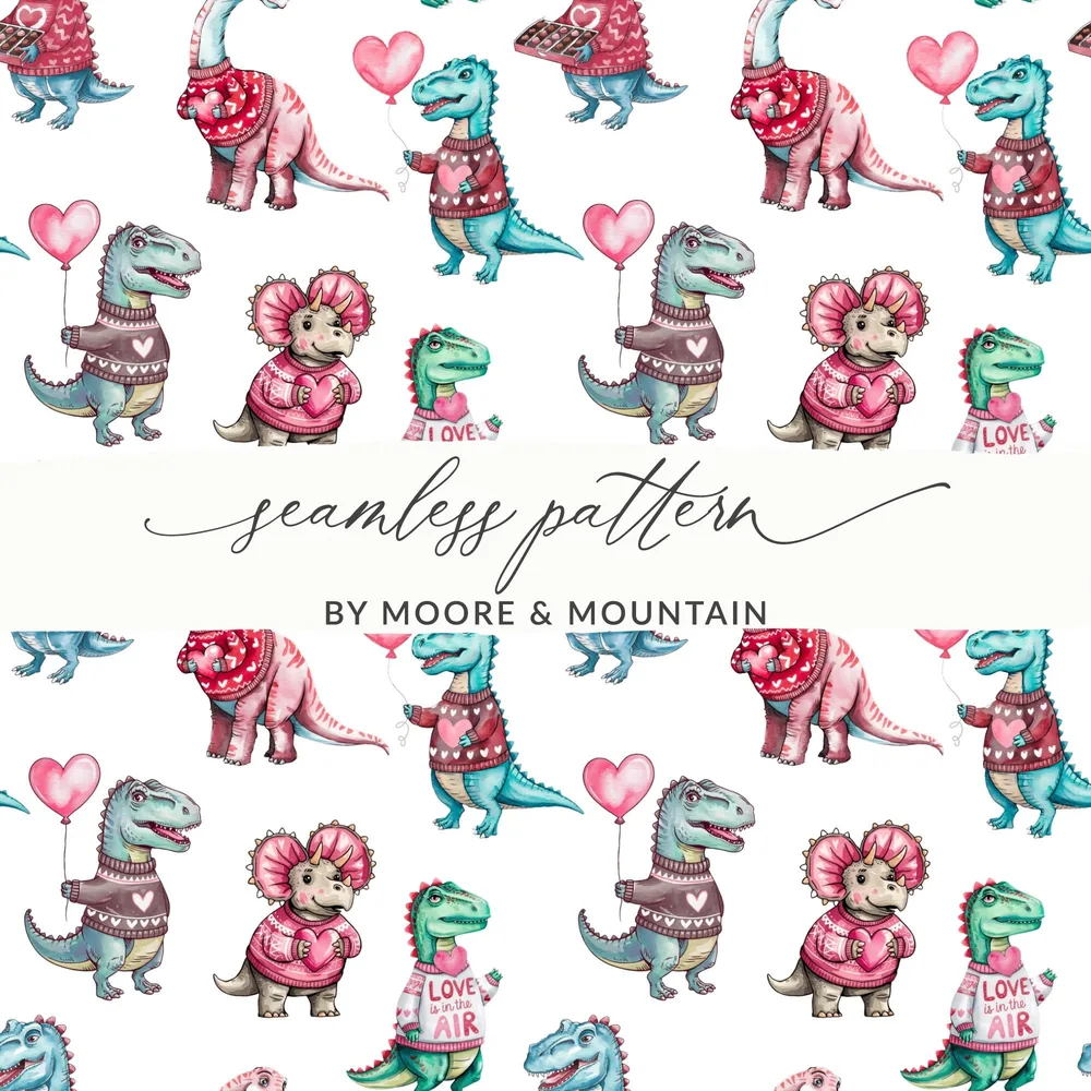 Cute Dinosaur Valentine's Day Digital Seamless Pattern, Kawaii Dino Hearts Fabric, Digital Paper Download, Valentines Day Digital, Two - Moore and Mountain