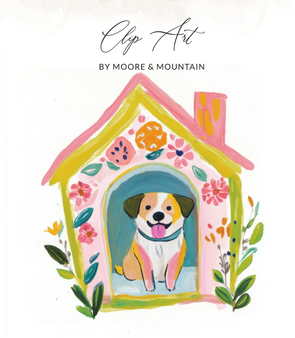 Whimsical doghouse clip art with a happy dog inside, by Moore & Mountain.